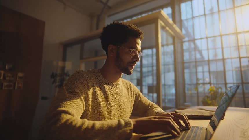 A man sitting at a table opens and wakes a laptop before beginning to type