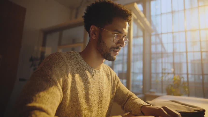 A man is typing fast on his laptop