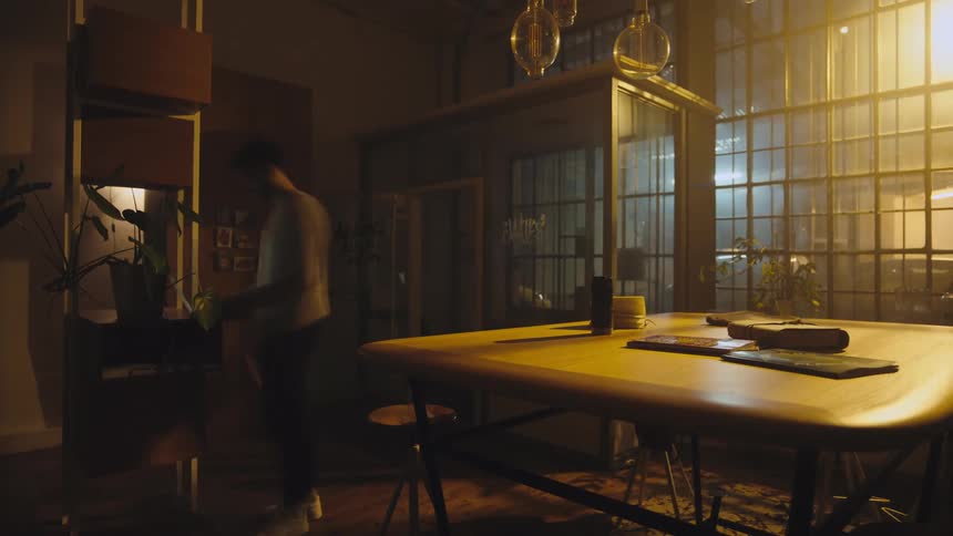 Time lapse of man taking a drink from a beverage bottle then moves around the room as he works on a laptop and talks on a cellphone