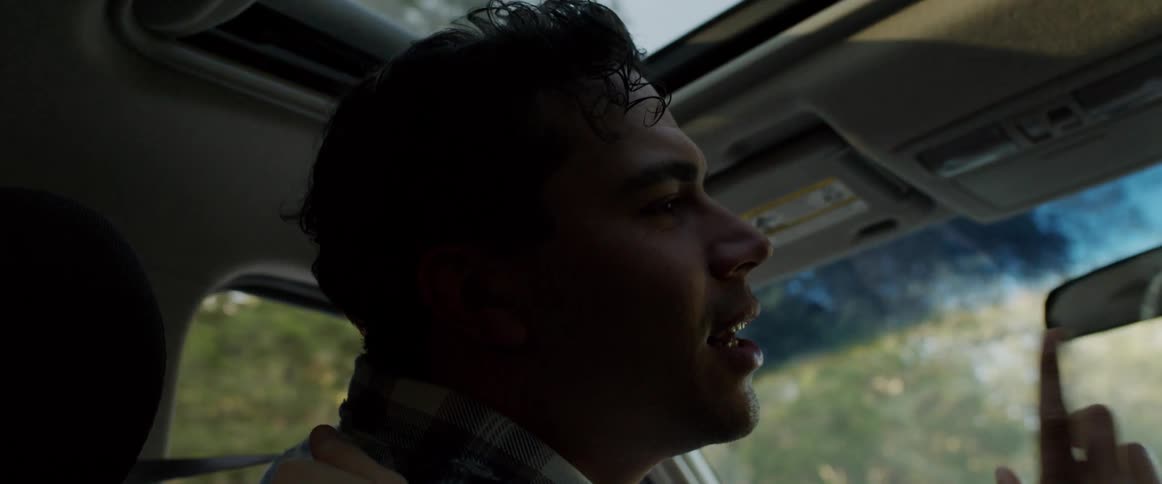 A man driving a car waves his finger as he talks to someone