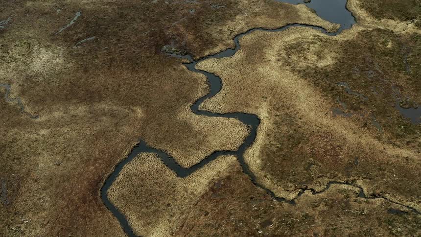 A river twists and turns as it carves a crooked path through and arid landscape