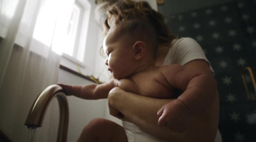 A mother bathing her baby