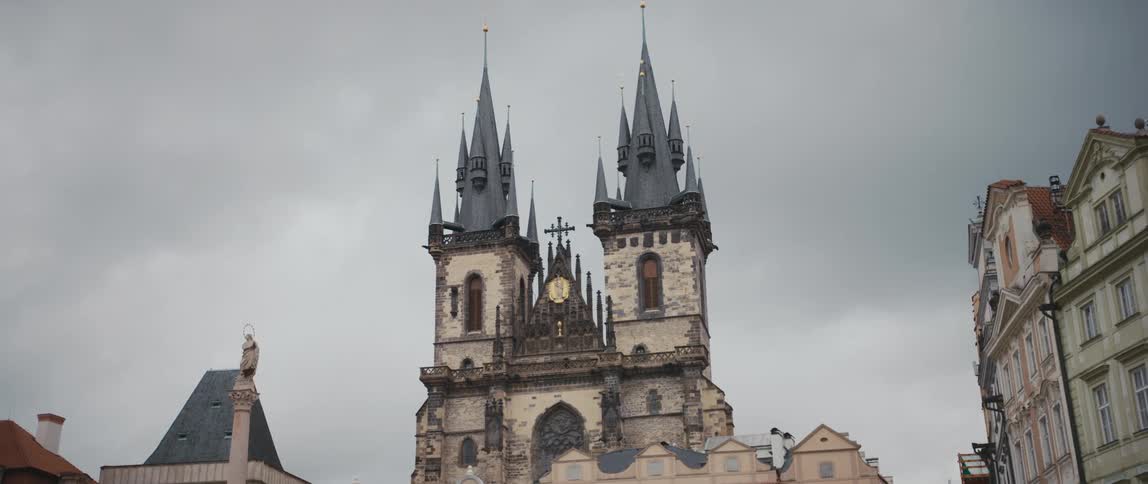 Cathedral with rich architectural details towers over town