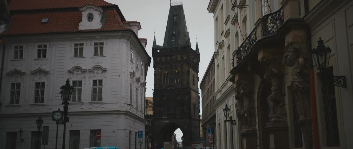 View at dusk of the gothic Powder Gate Tower separating Old Town from New Town in Prague, Czech Republic