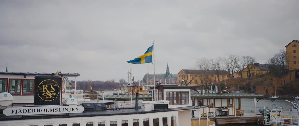 Flag flaps in the breeze among boats tied at dock with building lining water in the background