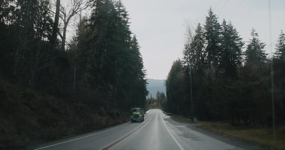 Vehicles travel along a road through a rural area on a cloudy day