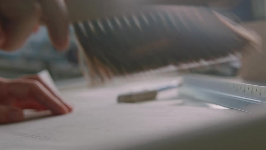 A person uses a brush to sweep dust from a large sheet of paper on a table