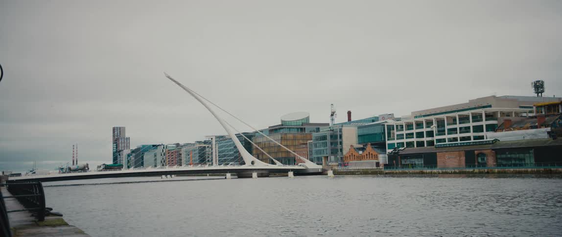 A landscape view of the Samuel Beckett Bridge over the River Liffey in Dublin, Ireland