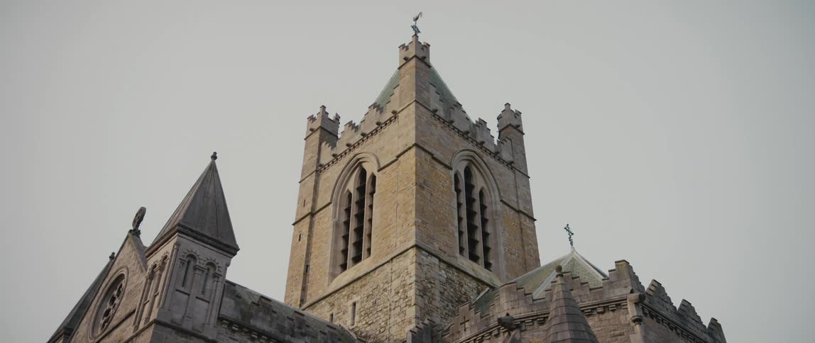 View looking up toward the tower of Christ Church Cathedral in Dublin, Ireland