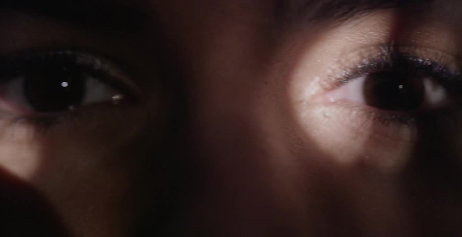 Close up of a person's eyes in a dark area