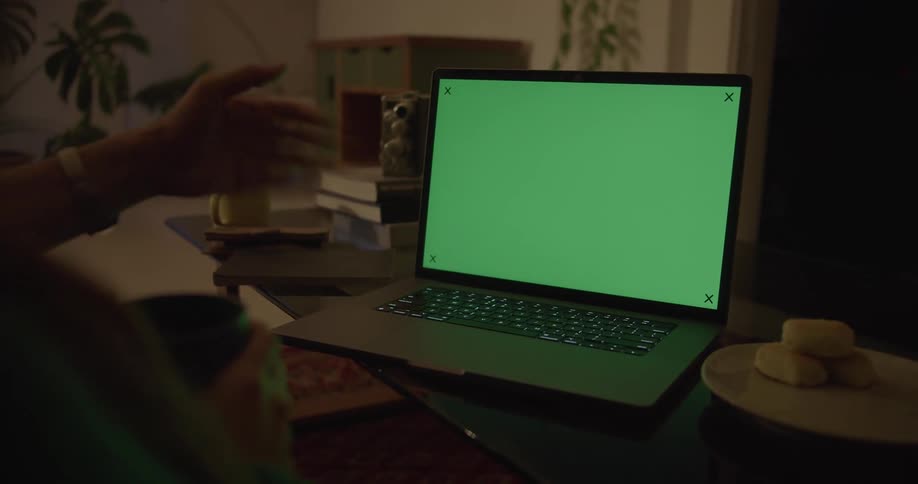 A pair of people face a laptop sitting on a coffee table in the living room of a house