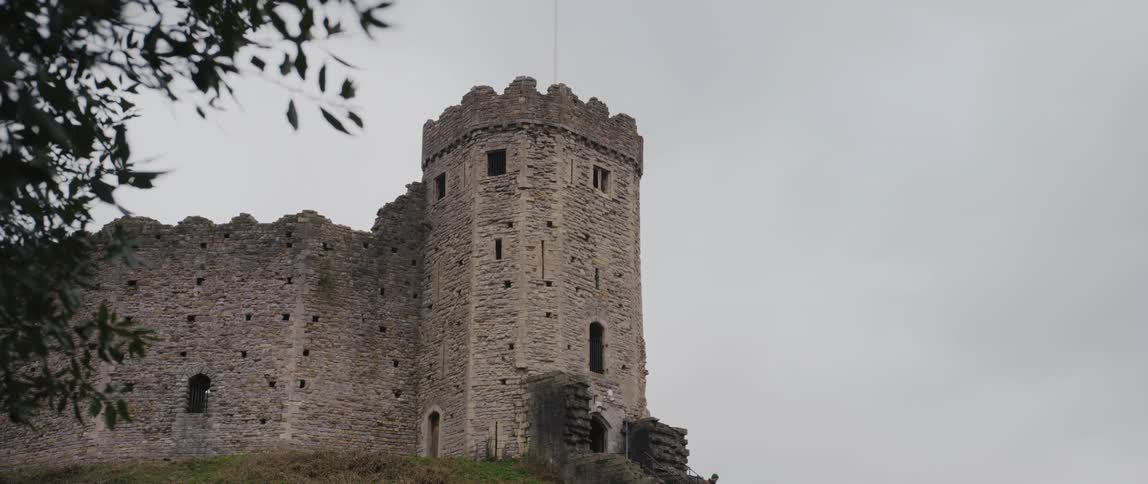 A view of a castle in a rural area