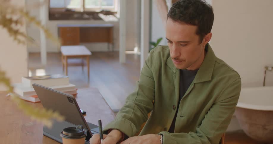 A man sitting at a tablet