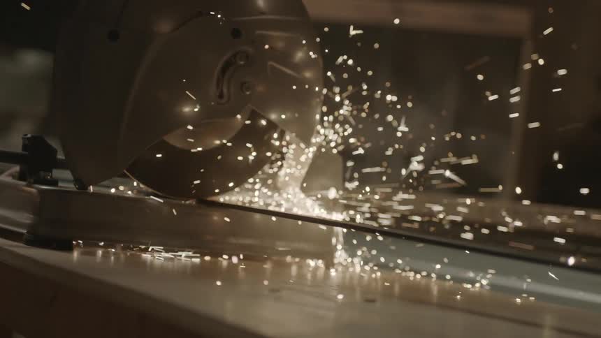 A saw cuts into something and throws sparks