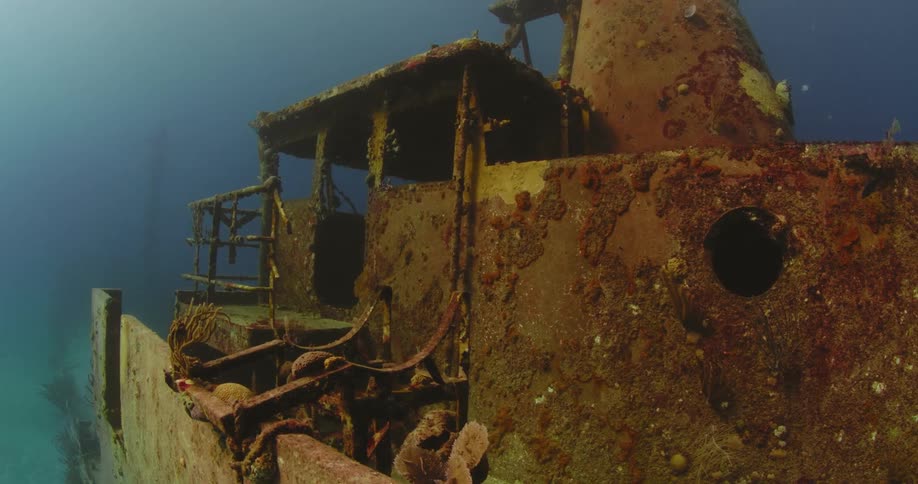 Abandoned rusted shipwreck covered in kelp at the bottom of the ocean