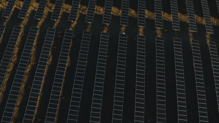 Aerial view of solar panels on a solar farm
