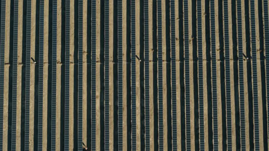 Aerial view of a solar panels on a solar farm