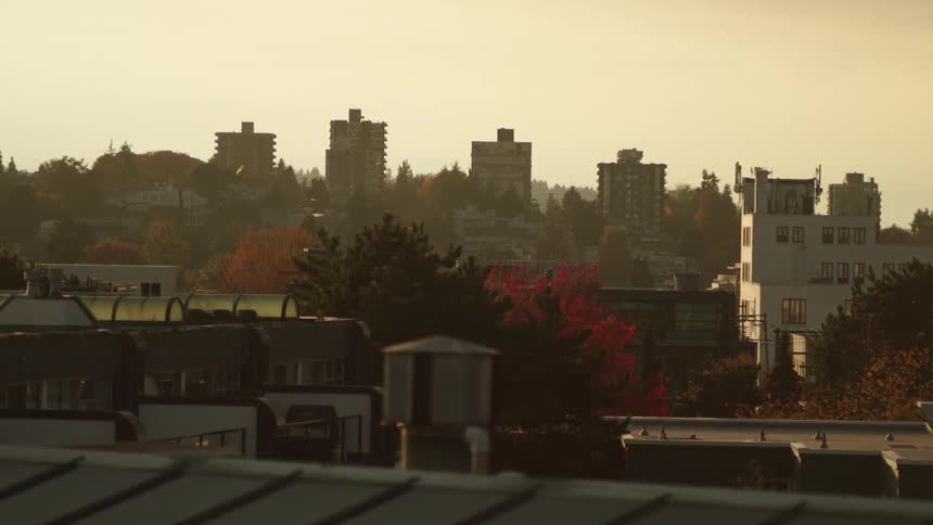 Apartment buildings in Vancouver's Kitsilano area shown at sunset