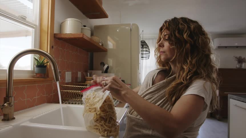 A woman at home opens a bag of pasta and runs water with her baby in a sling on her chest