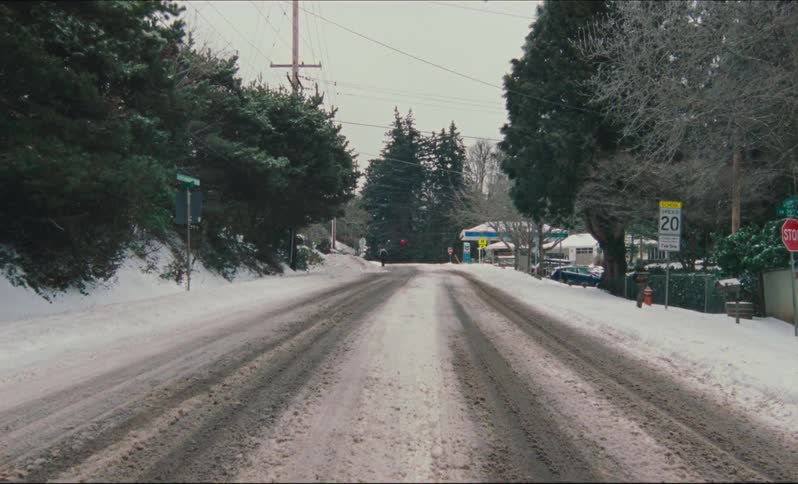 Someone is walking on a snow covered neighborhood street on a winter day