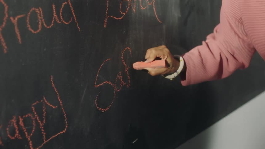 A girl writes a message on a chalkboard