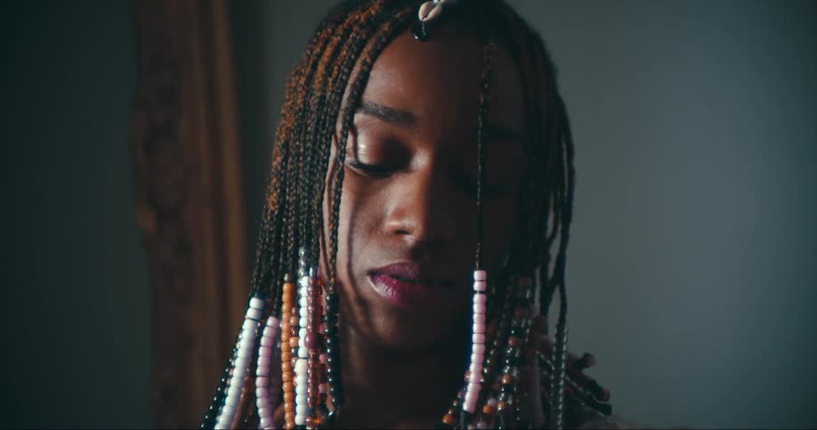 A portrait of a woman in a room