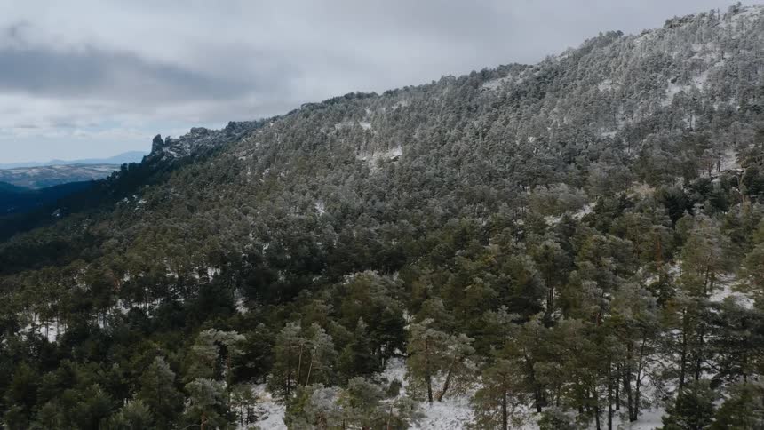 Tree covered mountain slopes and ridge dusted in snow under a cloudy sky