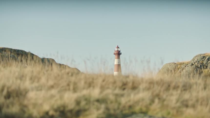 A lighthouse on a grassy field