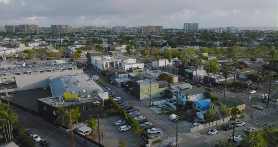 Aerial view of a downtown city is displayed in spring
