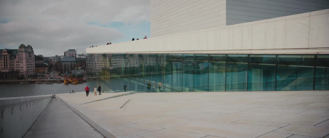 View from the ramp of the Operahuset, the Norwegian National Opera and Ballet House, looking down toward the fjord in Oslo, Norway.