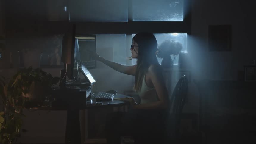 Woman works alone in office at night consulting computer screens and making notes