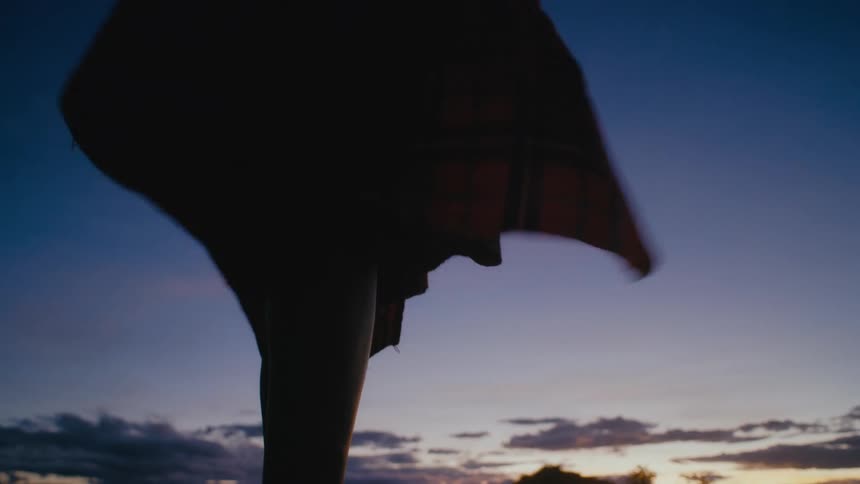 Person stands in the field is silhouetted against the sky on windy evening