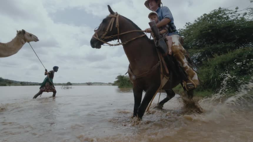 People are leading camels through the water