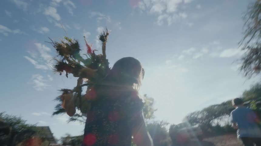A woman and her son carry plants across farmland