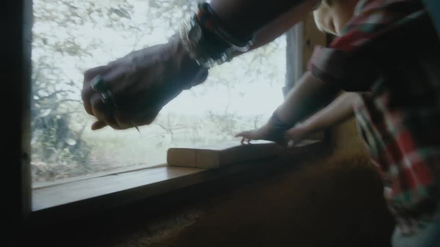 Father helping his daughter pick up a bird that is jumping by the window inside the house