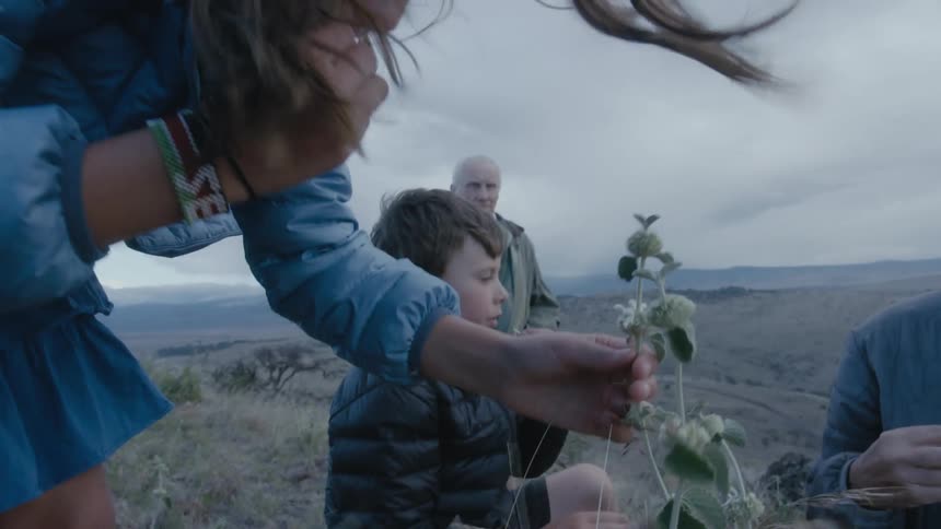 Girl with hair blowing in the wind tastes the leafs of wild flowers in the desert