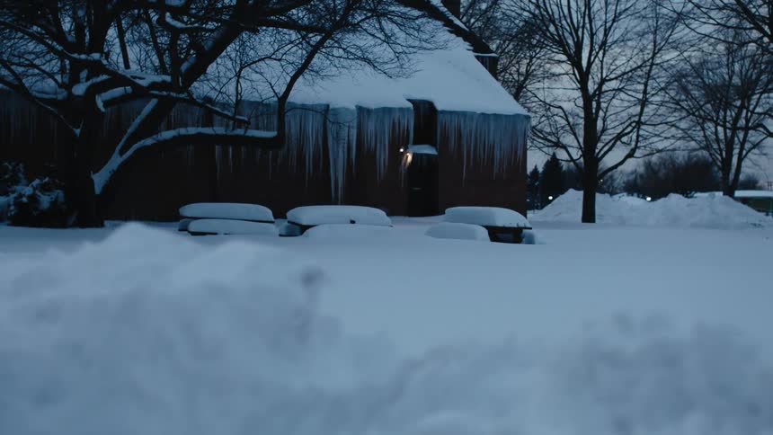 Icicles hang from a snow covered house with deep snow on the ground and bare trees