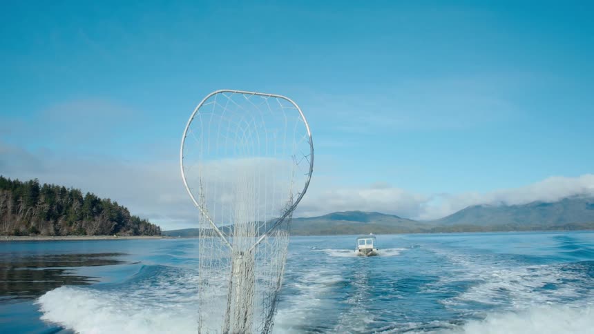 A boat follows in the wake of another on a bright blue sky day