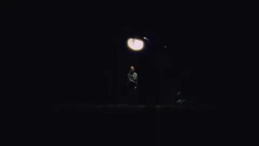 Rapidly flashing lights reveals a motionless longhaired woman wearing jeans and a longsleeved shirt standing in the dark next to a tree under the bright moonlight