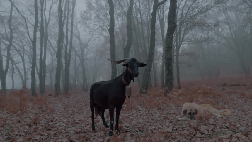 A goat stands in a foggy woodland next to a resting dog on an autumn day