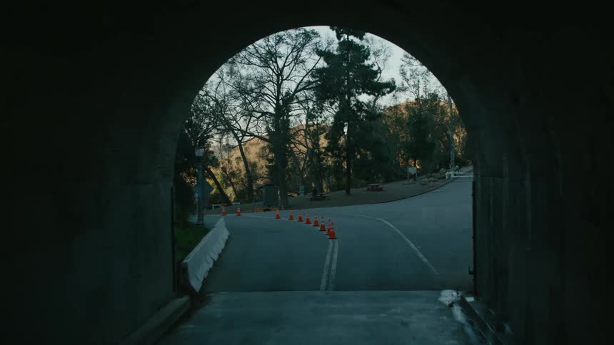 A road with pylons on by a public park with a person biking in the background