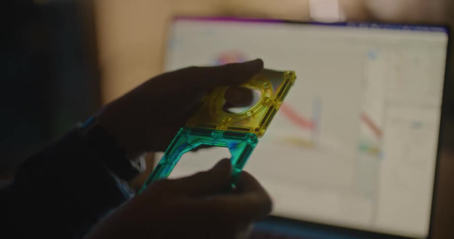 A man is sitting in front of a laptop computer looking at a three dimensional image on the screen and holding pieces like it in his hands