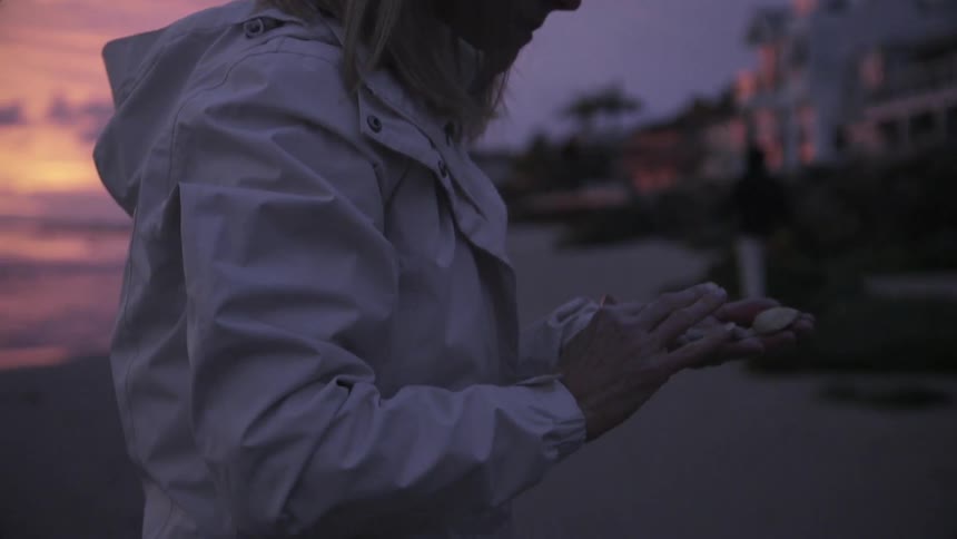 A woman examines shells in her hands on the beach