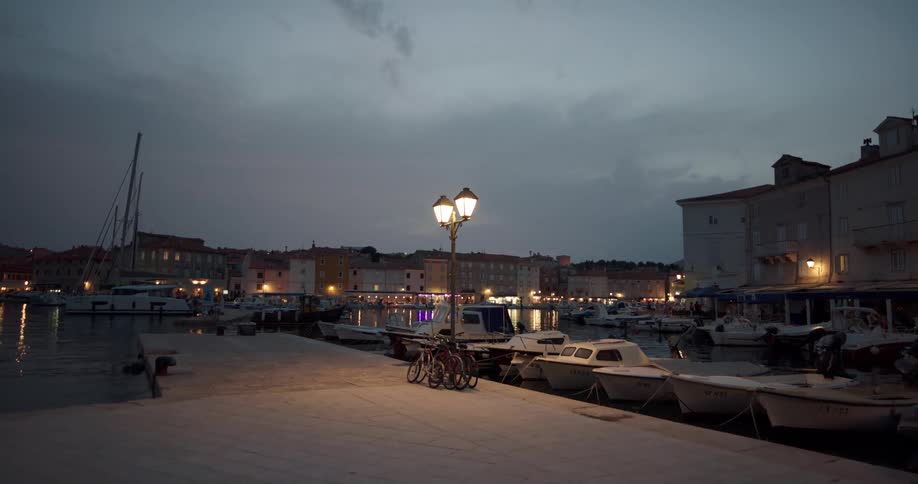 A marina in a city on a cloudy evening
