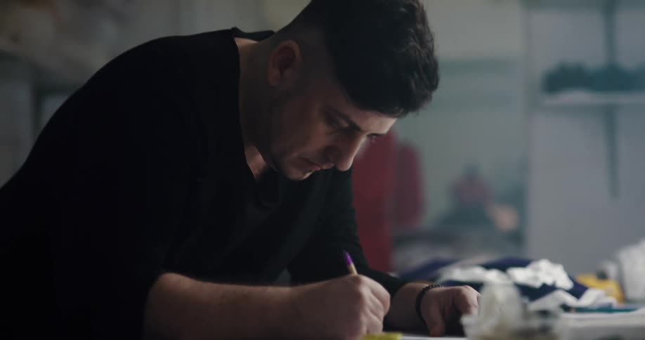 A man is drawing on a table indoors