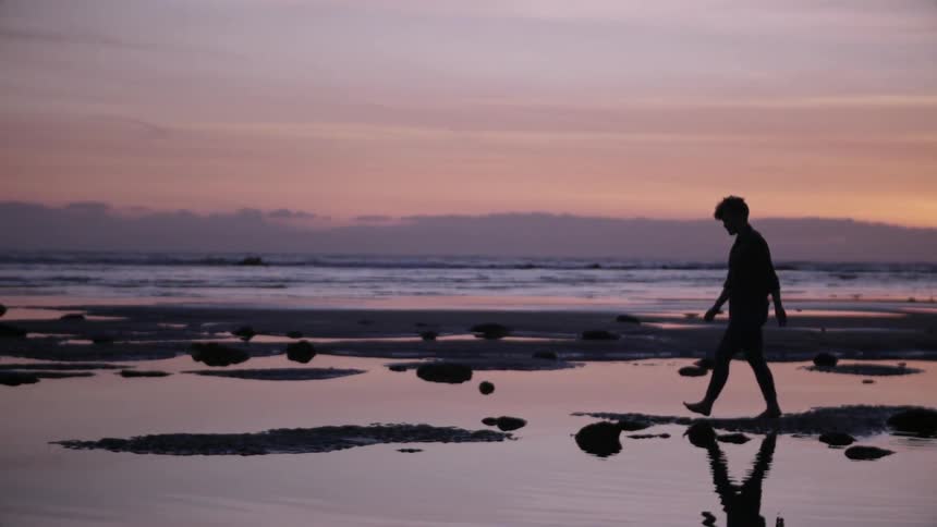 A person is walking on the beach at sunset