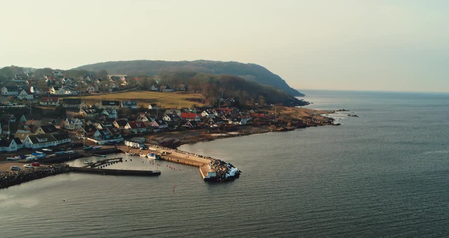 An aerial view of a coastal town
