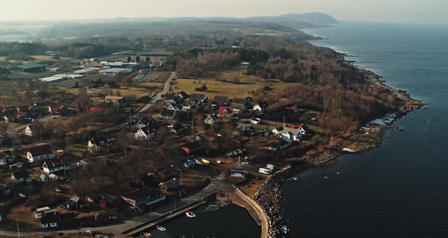 Aerial view of coastal town and harbor