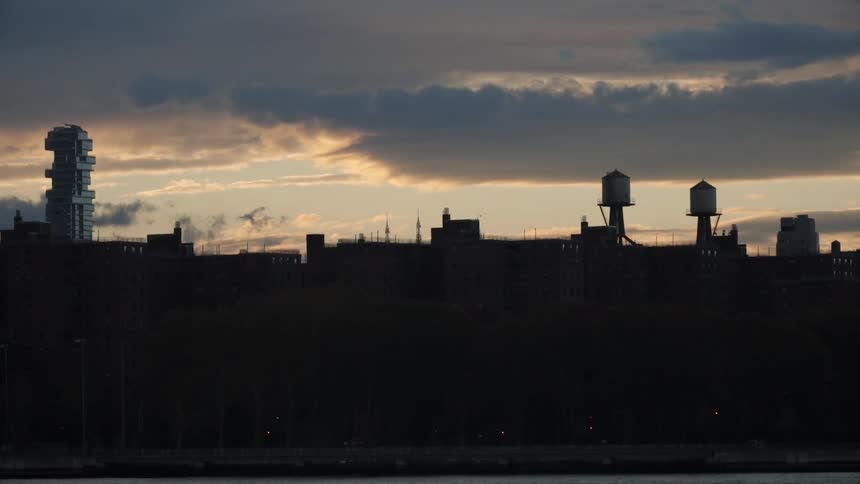 A city skyline at dusk