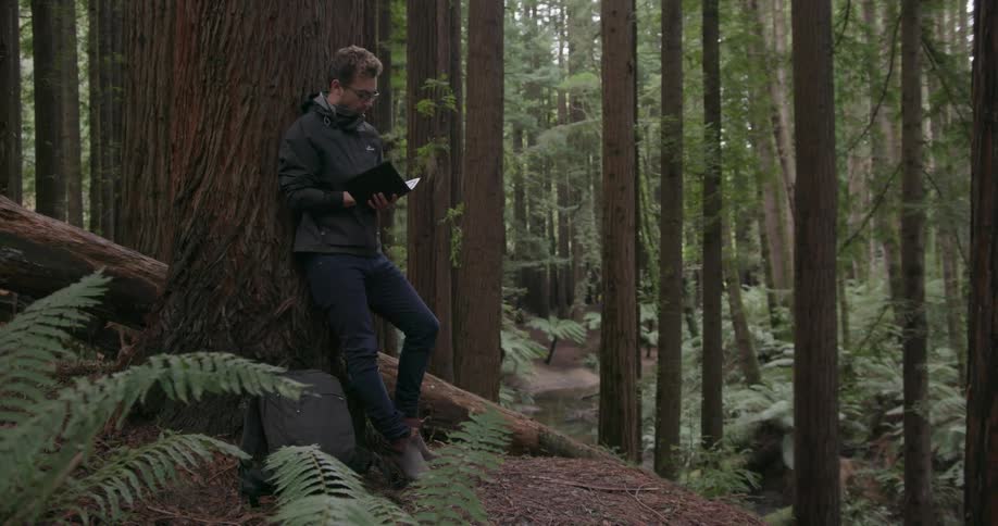 Man leans against a tree while reading a book